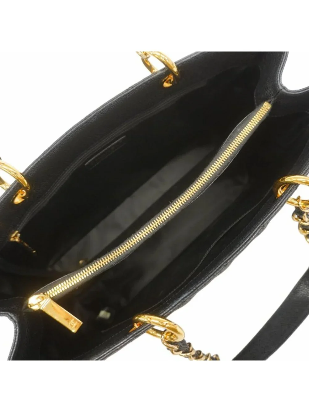 Chanel Chain Tote Bag Quilted Caviar Leather Black Gold
